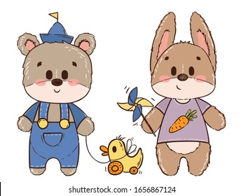Cute bear and bunny, hare or rabbit in hand drawn style. Little vintage characters for children's books, fairy tales, wallpapers, print, textile, fabric, cotton, poster, children. Vector illustration.