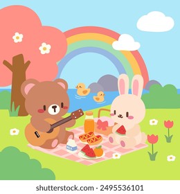 Lindo oso y Bunny Picnic con arco iris y patos. Adorable escena de picnic de dibujos animados con oso, conejo y arco iris. Amigos de animales kawaii disfrutando de un picnic junto al lago.