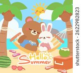 Cute Bear and Bunny Relaxing in Hammock on Summer Beach. Cartoon Beach Scene with Adorable Bear and Rabbit in Hammock. Kawaii Style Beach Vacation with Bunny, Bear, and Tropical Vibes.