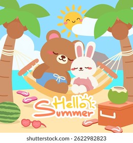 Cute Bear and Bunny Relaxing in Hammock on Summer Beach. Cartoon Beach Scene with Adorable Bear and Rabbit in Hammock. Kawaii Style Beach Vacation with Bunny, Bear, and Tropical Vibes.
