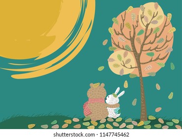 Cute bear and bunny sitting under the tree watching the moon. Bear and bunny cute pastel vector cartoon. Lovers under the moonlight cartoon. 