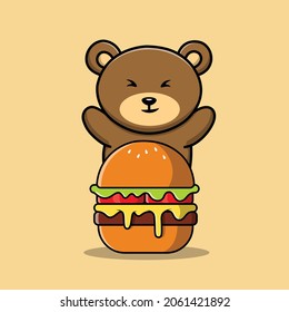  Cute Bear With Burger Cartoon Vector Icon Illustration. Animal Food Icon Concept Isolated Premium Vector. Flat Cartoon Style
