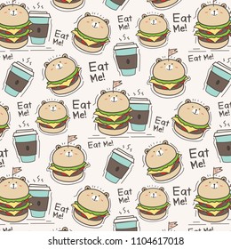 Cute Bear Burger And Coffee Cup Pattern Background. Vector Illustration.