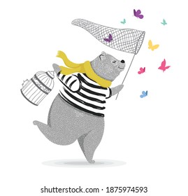 Cute bear and butterflies.Animal cartoon character.Can be used for t-shirt print,kids wear fashion design,baby shower invitation card.Fashion pattern.Vector illustration.T-shirt graphics