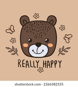 cute bear with butterfly, Cute baby bear with really happy slogan, vector bear