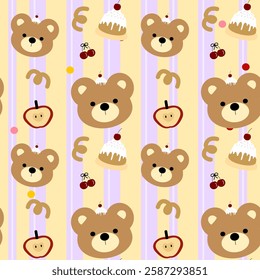 Cute Bear, cake, apple, cherry on yellow background, purple lines, fabric pattern, gift wrapping paper , seamless pattern 