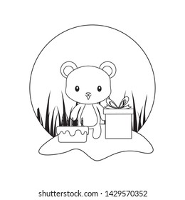 cute bear with cake of birthday and gift box