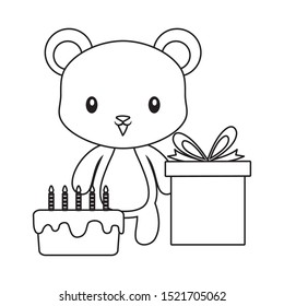 cute bear with cake of birthday and gift box vector illustration design