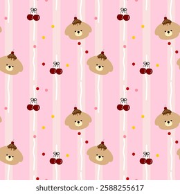 Cute bear, cake, cherry on pink background, fabric pattern, gift wrapping paper , seamless pattern 