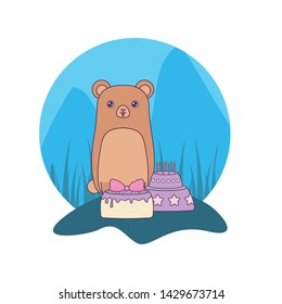 cute bear with cakes of birthday