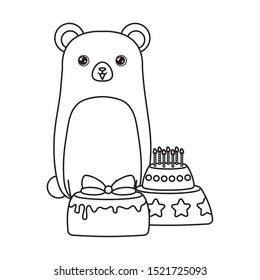 cute bear with cakes of birthday vector illustration design