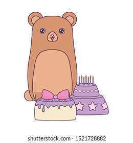 cute bear with cakes of birthday vector illustration design
