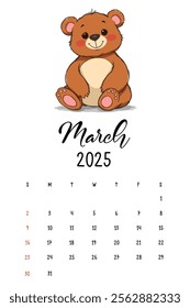 Cute Bear Calendar for March 2025, A charming illustration of a cartoon bear sitting down, featured in a calendar layout for March 2025