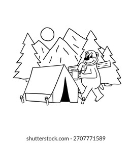 bonito urso camping coloração página desenho animado ilustração
