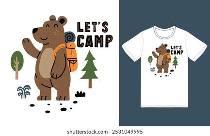 Cute bear camping illustration with tshirt design premium vector the Concept of Isolated Technology. Flat Cartoon Style Suitable for Landing Web Pages,T shirt, Flyers, Stickers