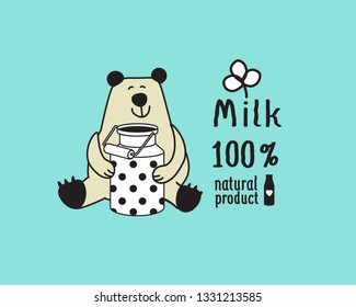 Cute bear with a can of milk. Retro cartoon. lettering    