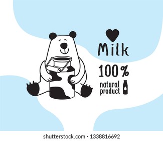 Cute bear with a can of milk. White and blue сow stains.