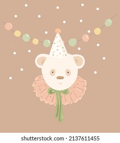 Cute bear in a cap. Decor for children's birthday. White teddy bear in cartoon style.Illustration for postcard, poster.

