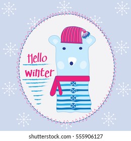 cute bear in a cap with hello winter,description and snowflakes vector illustration
