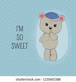 Cute bear in cap and inscription Im so sweet. Hand drawn Valentines Day Greeting card with charming teddy on blue background. Vector illustration.