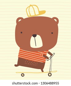 cute bear with cap riding a kick scooter on striped background. hand drawn style illustration can be used for nursery decoration, greeting cards, fashion print design