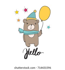 Cute bear in cap and scarf with a balloon and inscritption Hello