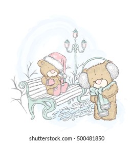 Cute bear in a cap and a scarf. Vector illustration for a card or poster. Print on clothes. Winter holidays. Christmas and New Year.
