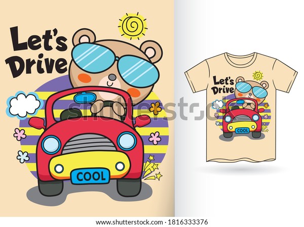 Cute bear with car\
cartoon for t shirt