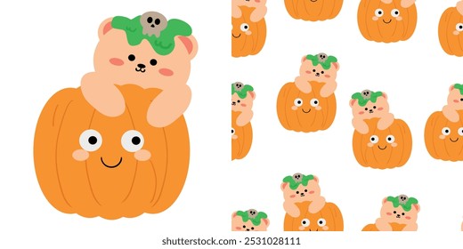 Cartão de urso bonito halloween e padrão de desenho animado urso com halloween vibes papel de parede bonito para tecido impressão papel de envoltório de presente 