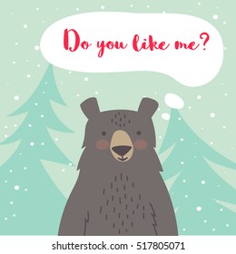 Cute bear card with a message.  
Happy Valentines day card.
Cartoon bear template design.
Do you like me poster.
Greeting card with a bear for Valentines day background. 