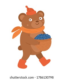 Cute bear carrying basket with berries. Vector autumn character isolated on white background. Fall season woodland animal icon for print, sticker, postcard.  Funny forest illustration.
