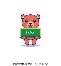 Cute bear carrying a chalkboard that says hello