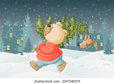 Cute bear carrying fir-tree with funny cat for Christmas or new year in a winter city.  Vector illustration for greeting card, banner, poster or t-shirt print.