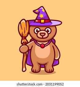 cute bear carrying flying broom