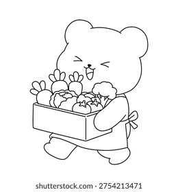 Cute Bear Carrying Heavy Crates Coloring Page for Kids and Adults. Adorable Bear Working at Market Stall Illustration. Cozy Animal Coloring Page. Illustration of a Hardworking Bear in a Cozy Market. Printable Coloring Page for Kids and Adults, Cozy Animal Illustrations and Creative Coloring Activities.