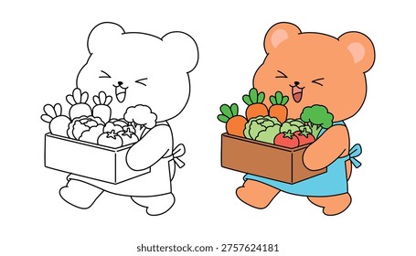Cute Bear Carrying Vegetable Coloring Page for Kids and Adults, Cozy Animal Illustrations and Creative Coloring Activities. Adorable Bear Working at Market Stall Illustration. Cozy Animal Coloring Page. Illustration of a Hardworking Bear in a Cozy Market.