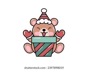 Cute Bear Cartoon Animal with Santa Hat Christmas