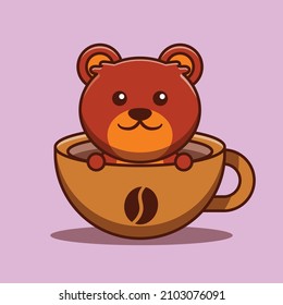 Cute bear cartoon character in a cup of coffee. Animal vector illustration. Suitable for stickers, logos, icons, and more.