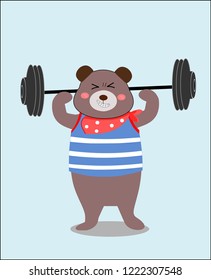 Cute Bear cartoon character doing exercises with Weight-lifting. Fitness and healthy lifestyle. Vector illustration of  funny animal isolated on background.