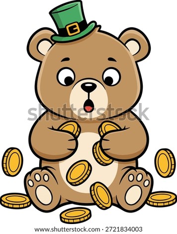 Cute bear cartoon character holding and dropping gold coins. Fun flat vector illustration ideal for finance themes kids designs t shirts stickers posters branding and playful educational graphics.