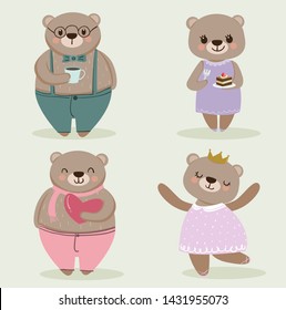cute bear cartoon character set,vector isolated with background