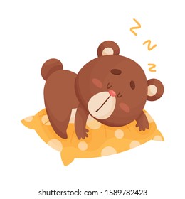 Cute Bear Cartoon Character Sleeping on Soft Pillow Vector Illustration