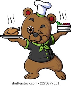 cute bear cartoon character wearing chef clothes and hat carrying a bowl of soup and fried chicken of illustration