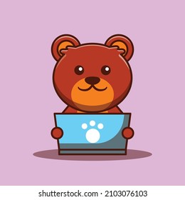 Cute bear cartoon character working in front of laptop. Animal vector illustration. Suitable for stickers, logos, icons, and more.