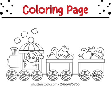 cute bear cartoon Christmas train coloring book page for adults and kids