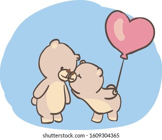 Cute bear cartoon couple kiss each other on valentine