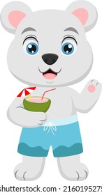 Cute Bear Cartoon With Drinking Coconut Water