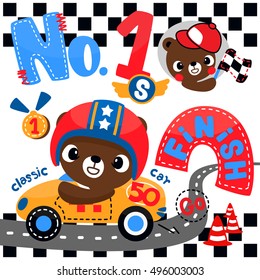 Cute bear cartoon driving a race car crossing finish line illustration. /Vector print for children wear.