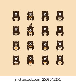 cute bear cartoon flat icon set logo design vector