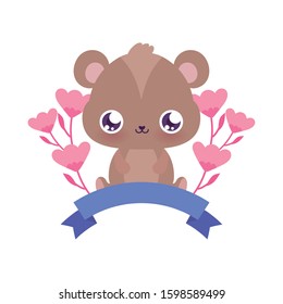 Cute bear cartoon with flowers design, Animal zoo life nature character childhood and adorable theme Vector illustration